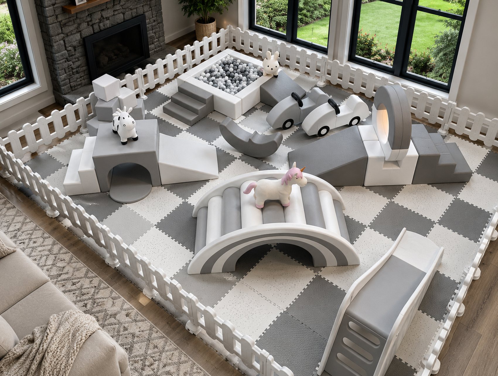 Neutral soft play rental setup for a children's birthday near Haymarket, Virginia